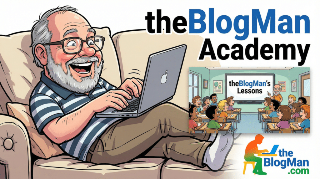 theBlogMan Academy of Content Creation Featured Image with Cartoon Andy writing s new blog post on his laptop.