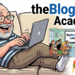 theBlogMan Academy of Content Creation Featured Image with Cartoon Andy writing s new blog post on his laptop.