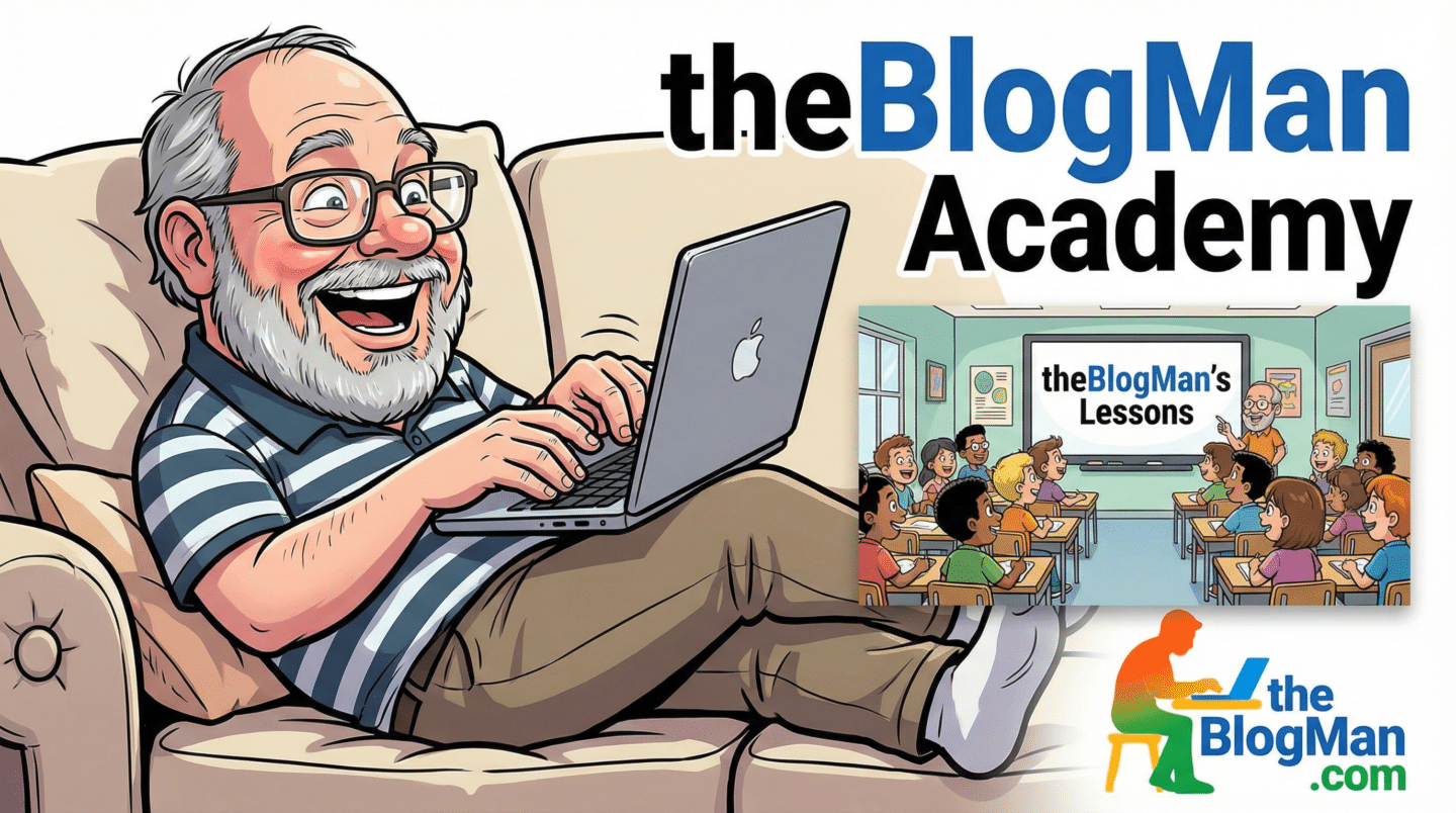 theBlogMan Academy of Content Creation Featured Image with Cartoon Andy writing s new blog post on his laptop.