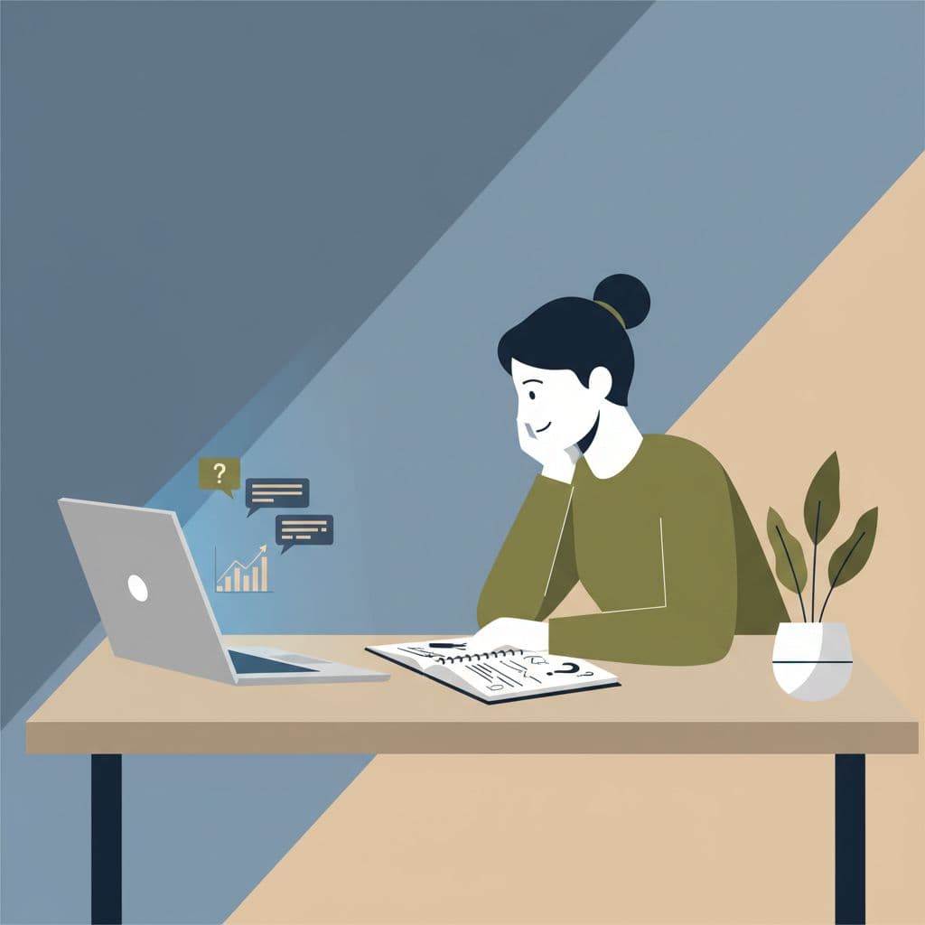 A person sits at a desk with a laptop and notebook, appearing thoughtful while working on Pain Points Blog Posts