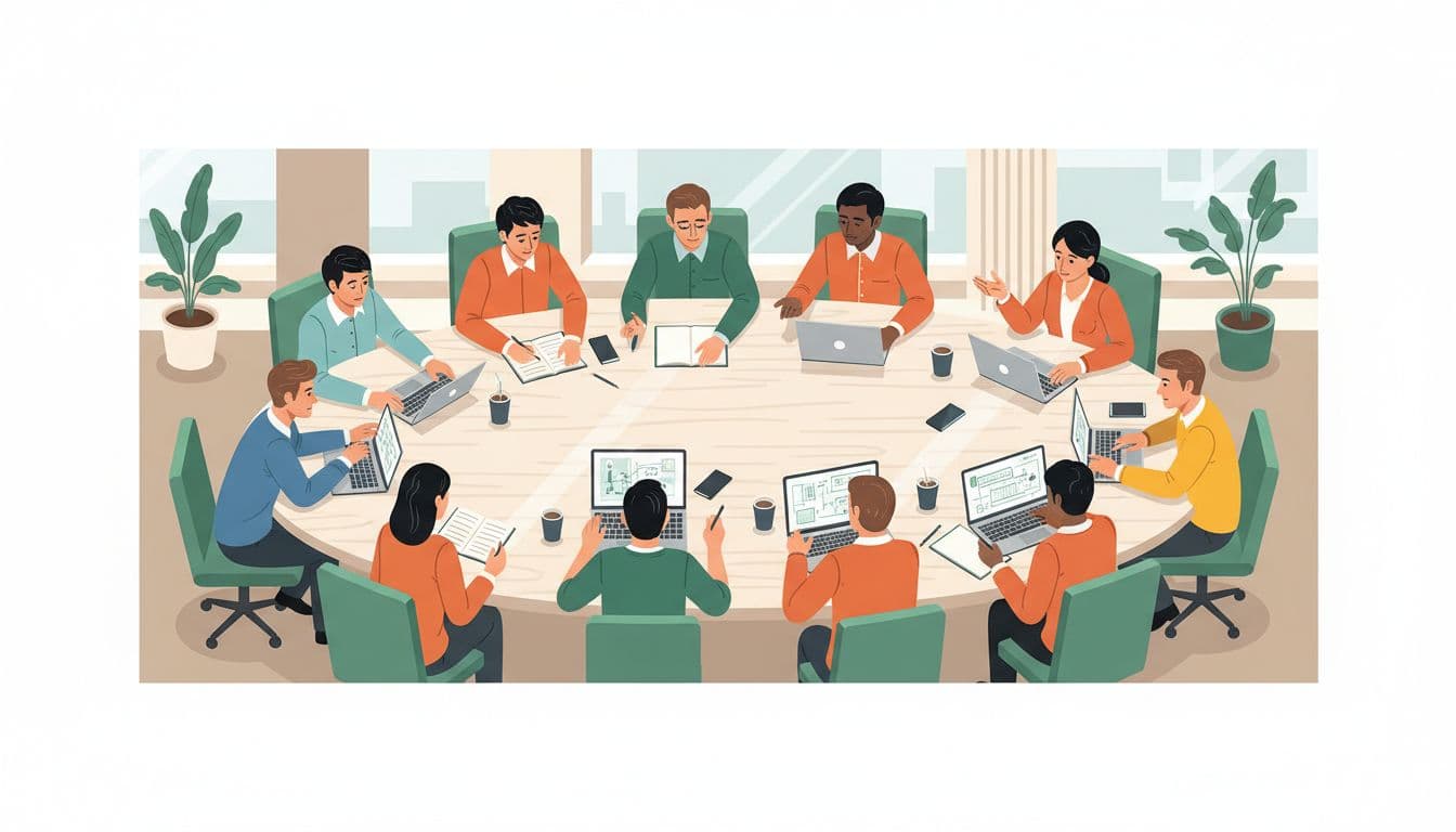 A diverse group of professionals sits around a large circular table sharing ideas with laptops and notebooks.