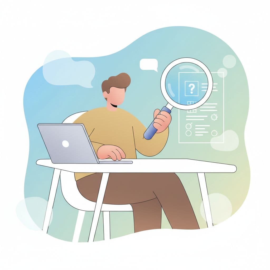 How to Find Low Competition Keywords for a New Blog 5 A focused individual sits at a minimalist workstation while peering through a large magnifying glass at a floating digital document. Soft pastel tones define the clean, modern vector illustration style.