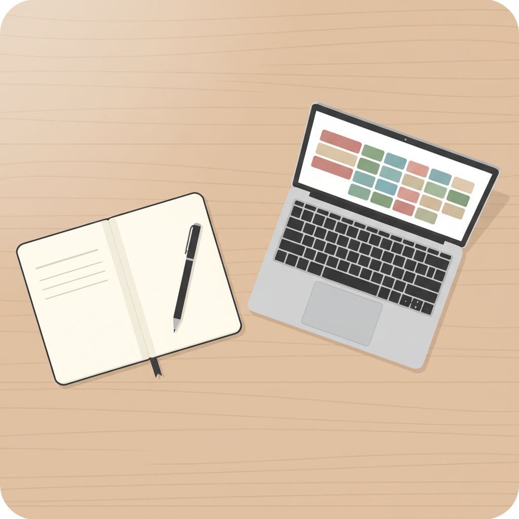 A top-down view of a tidy wooden desk featuring a laptop, notebook, and pen for organized planning.