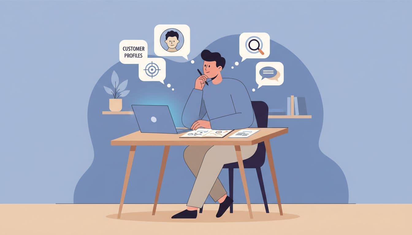 A person sits at a desk with a laptop and notepad, thoughtfully planning a new customer profile.