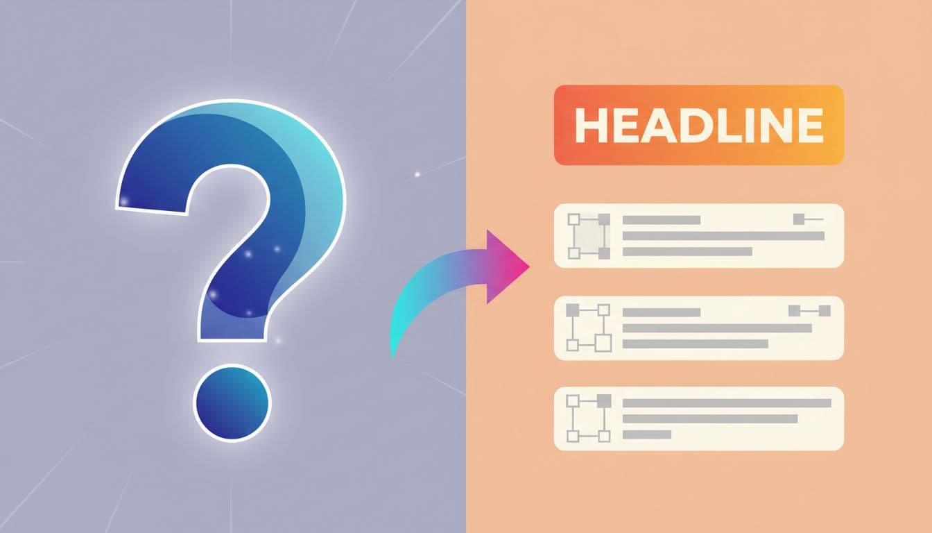 A split screen shows a glowing question mark icon beside a structured abstract blog post layout.