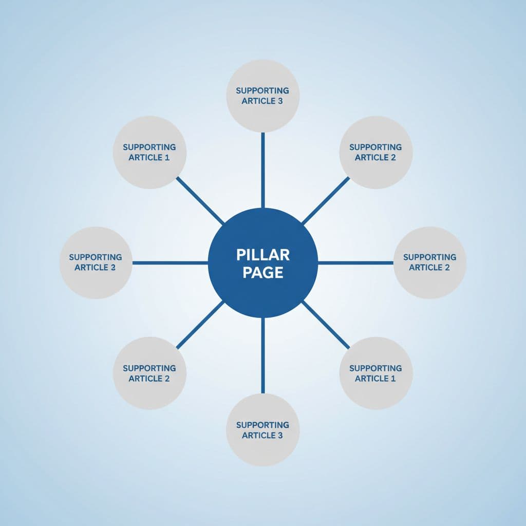 How to Build Topic Clusters for a Small Niche Site 5 A central circle connects to multiple smaller outer nodes in a clean, minimalist blue and grey layout. Shows topic clusters niche sites layout in action.