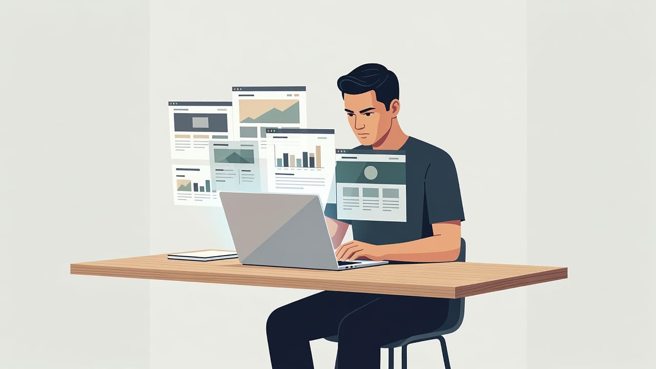 A focused professional sits at a clean desk using a laptop to view multiple browser windows. The illustration uses soft lighting and muted tones to highlight detailed web research tasks.