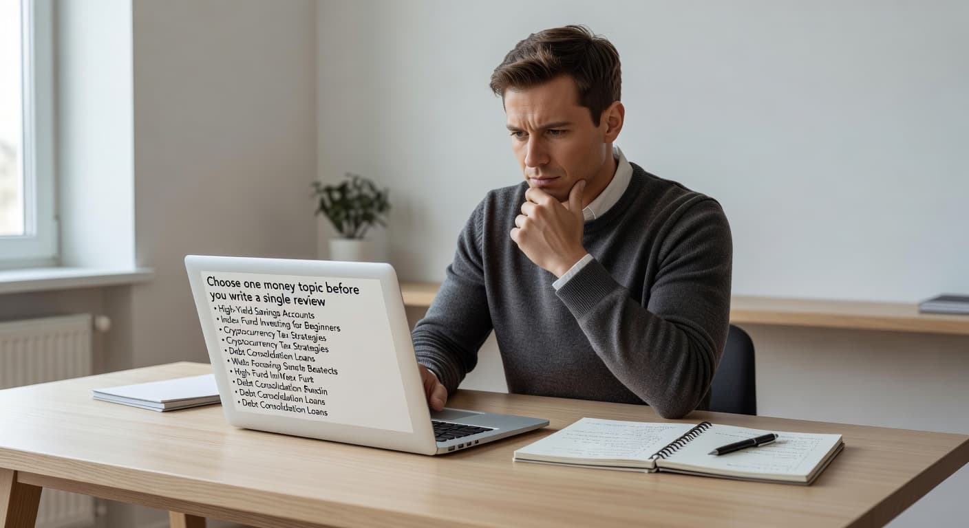 A focused individual sits at a minimalist wooden desk, reviewing notes in a leather notebook while a laptop remains open. Warm sunlight filters through a nearby window, illuminating the clean workspace.