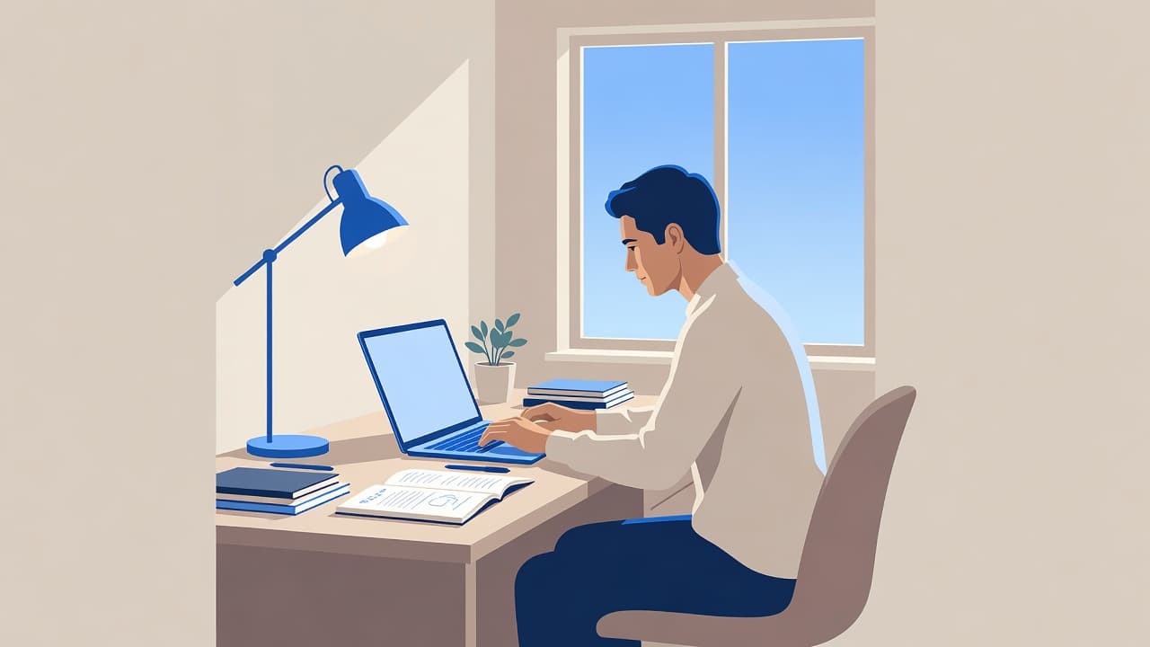 How to Match Search Intent on a New Blog Before You Have Traffic 5 A person sits at a clean wooden desk using a laptop in a bright room. Blue accents decorate the space, while the individual focuses intently on the screen to analyze reader trends.