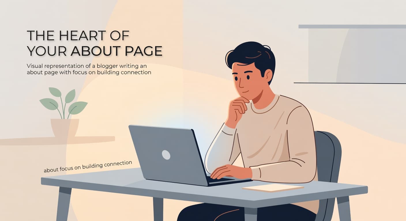 A focused individual sits at a minimalist desk with an open laptop, surrounded by soft amber light. The clean, modern illustration features balanced geometric shapes that convey a calm, creative atmosphere.