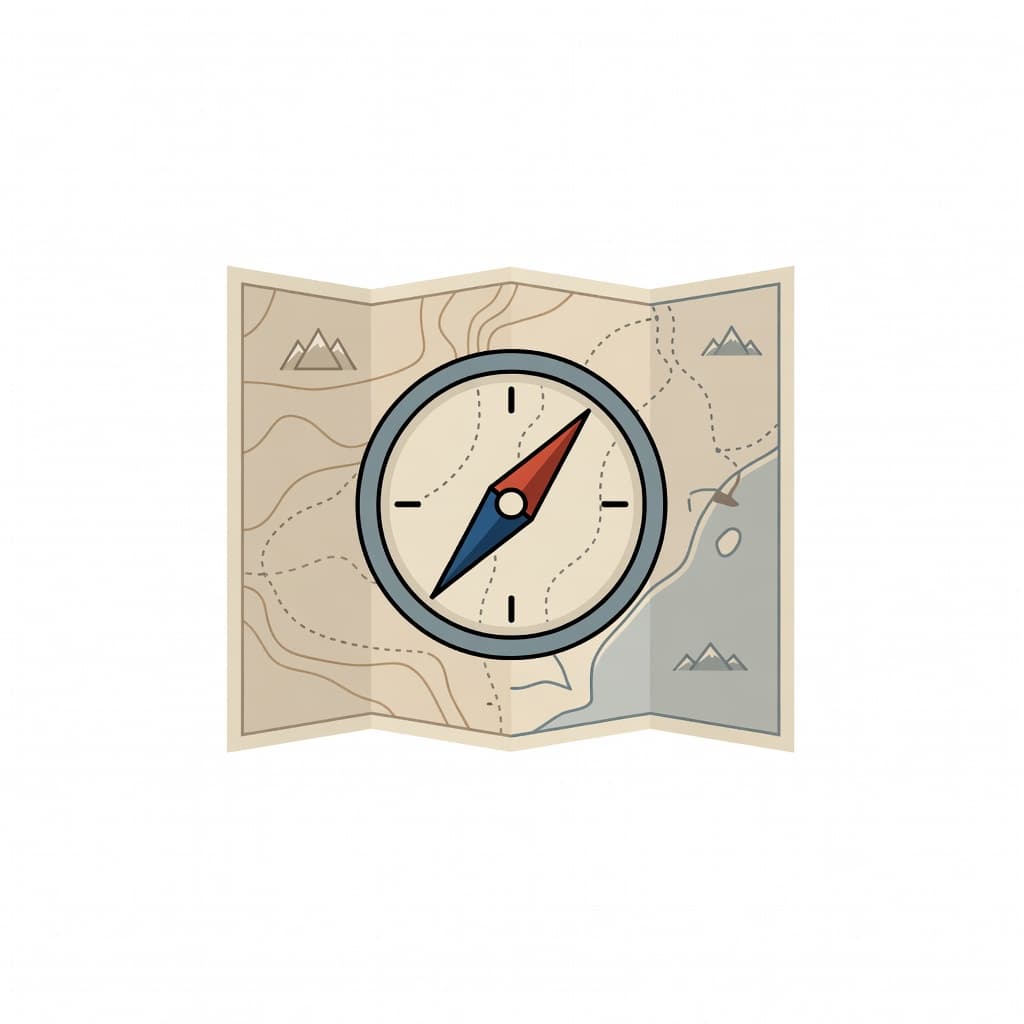 A stylized compass needle pivots across a textured, cream-colored vintage map background. The sharp vector lines and muted earthy tones highlight the concept of shifting navigation while maintaining core identity.