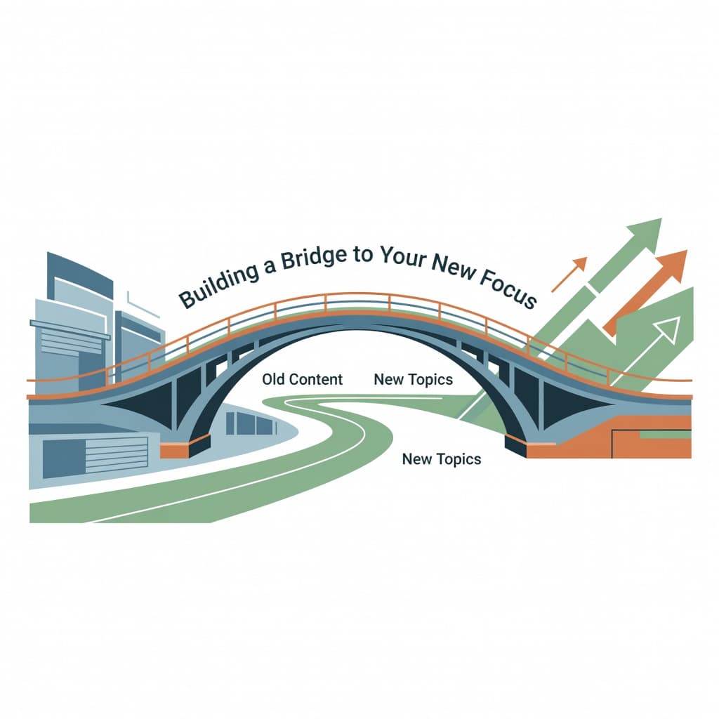 A stylized bridge with clean geometric lines links two elevated paths across a void. The flat vector graphic uses a restrained color palette against a crisp, solid white background.