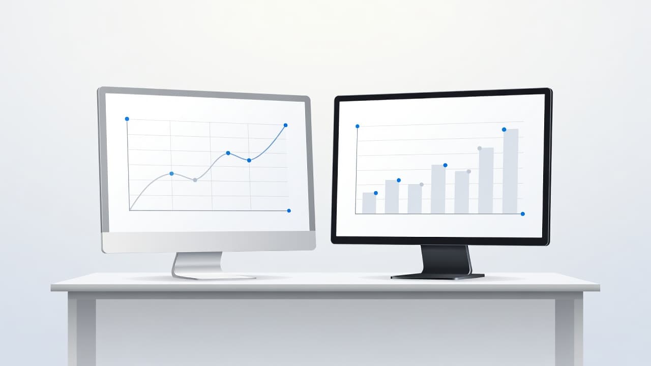 Two sleek desktop monitors sit side-by-side on a clean workspace, displaying minimalist data charts in blue hues. The composition is set against a bright, neutral background for clear visual focus.