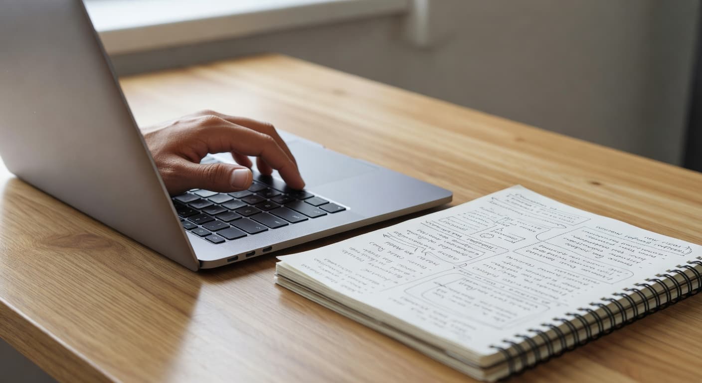 A person types on a silver laptop perched on a clean wooden desk surface. Next to the computer, an open notebook displays handwritten notes and brainstorming sketches illuminated by soft daylight.