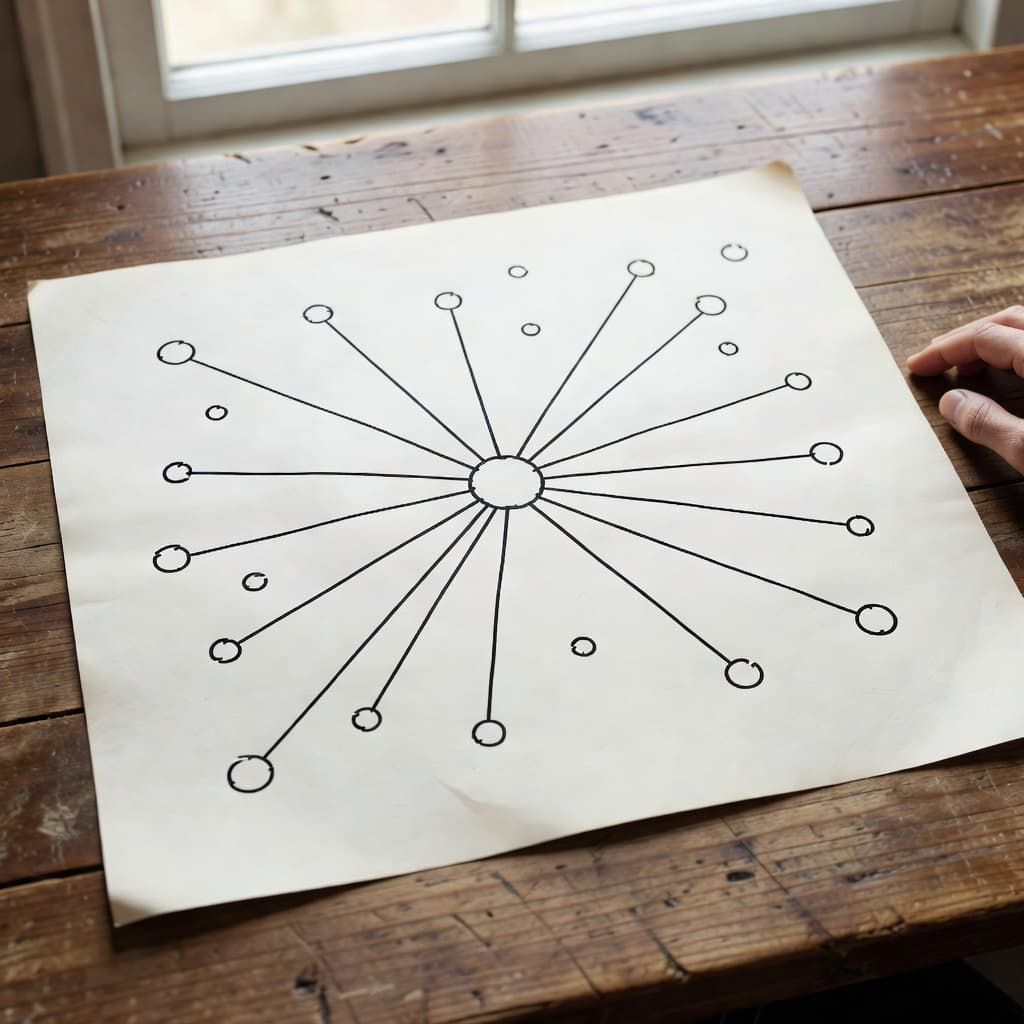 A top-down view shows a hand-drawn map on a rustic wooden table. Ink lines connect a large central hub node to smaller surrounding circles, illustrating a clear structural content network.