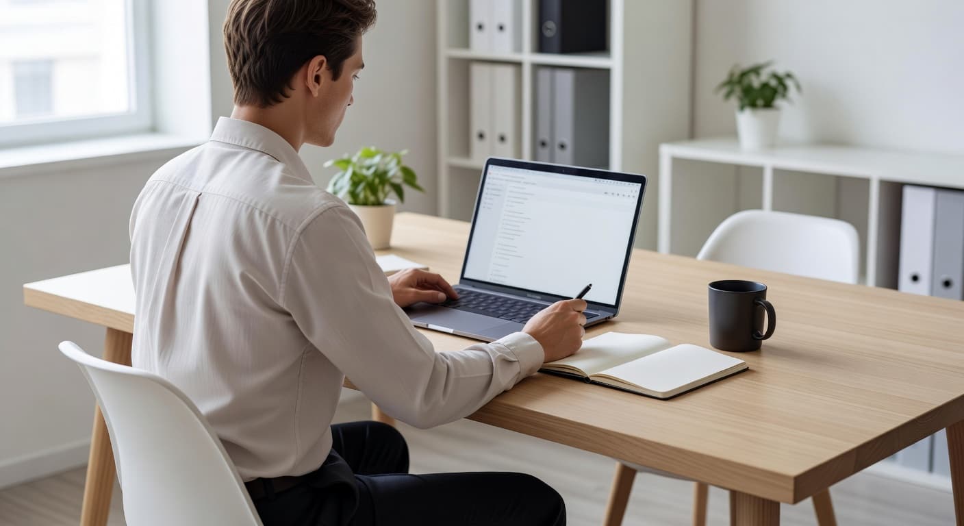 An open laptop sits on a clean wooden desk surface next to an organized notebook and a ballpoint pen. Soft natural light flows across the workspace from a nearby bright window.