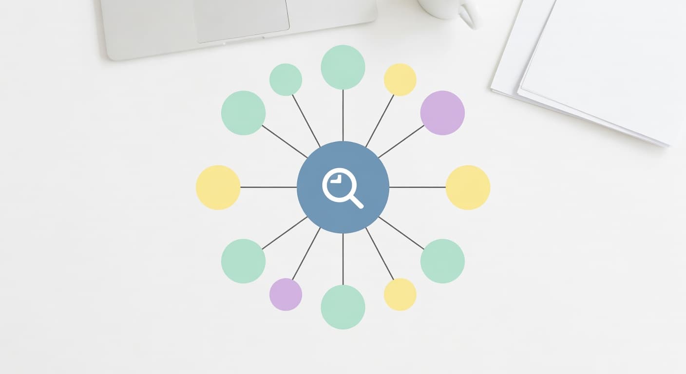 A flat minimalist graphic displays a large central icon connected by thin lines to five smaller circles. The clean layout sits on a professional desk surface with soft ambient lighting.
