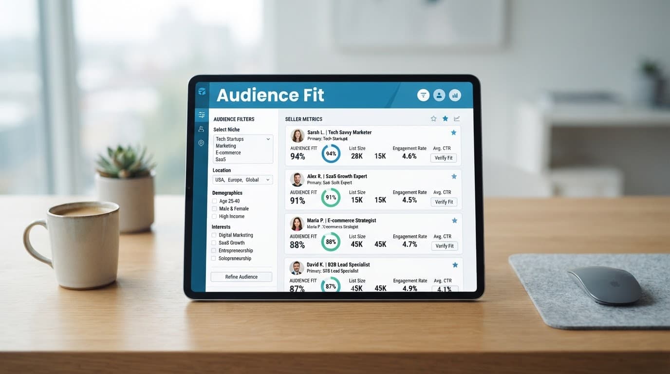 A software interface showing seller metrics and audience filters on a clean desk.