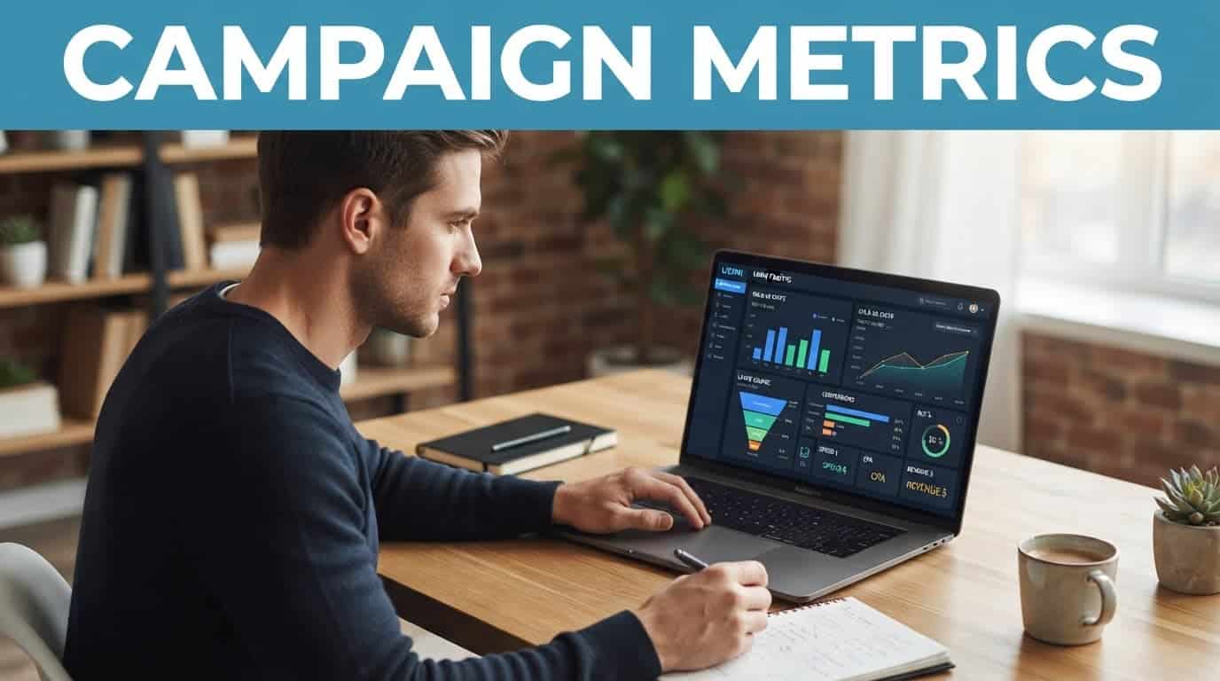 An open laptop showing performance charts on a desk under a blue band. Campaign Metrics Matter with Udimi Solo Ads.
