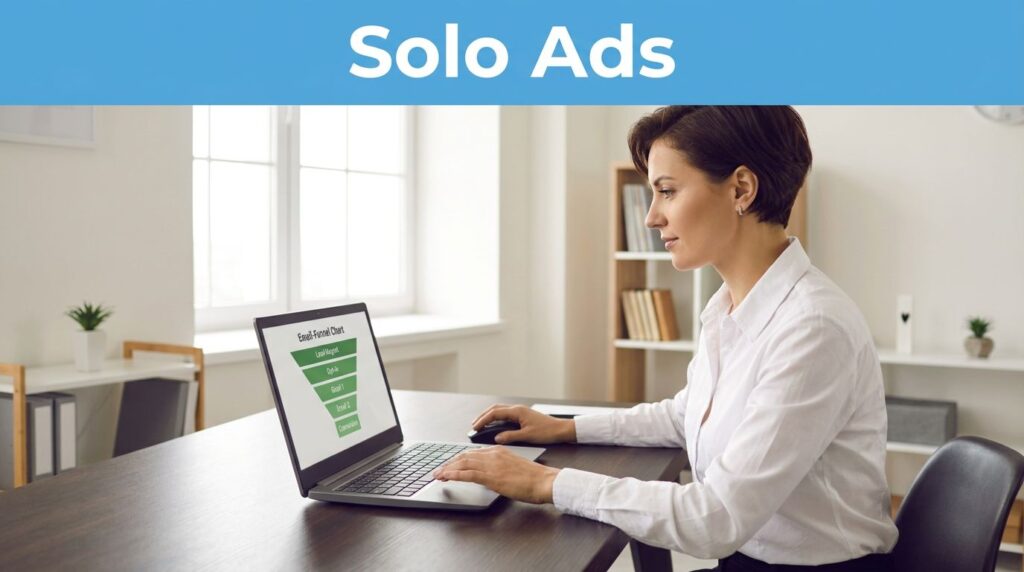 A female marketer looking at an email funnel chart on a laptop in a home office.
