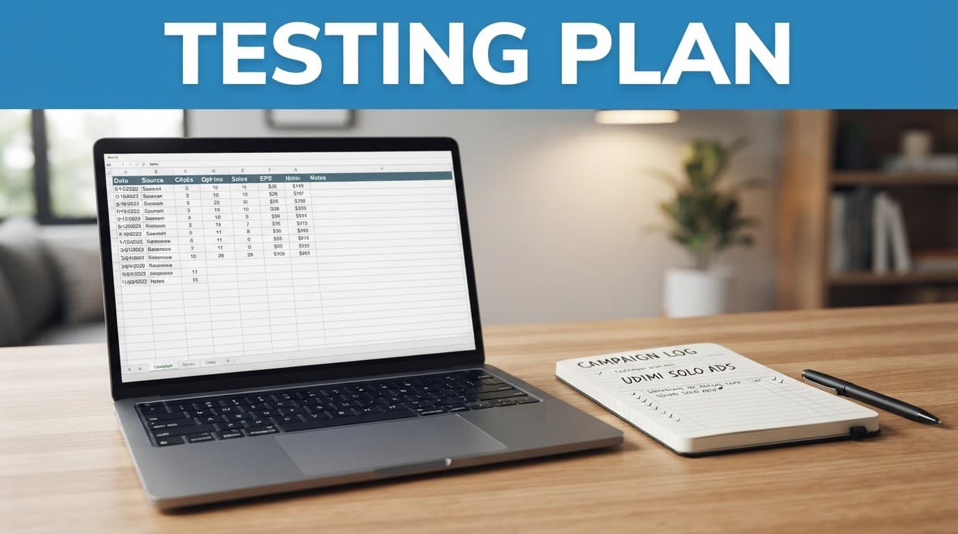An editorial graphic with a testing plan headline above a clean desk with a laptop and notebook.