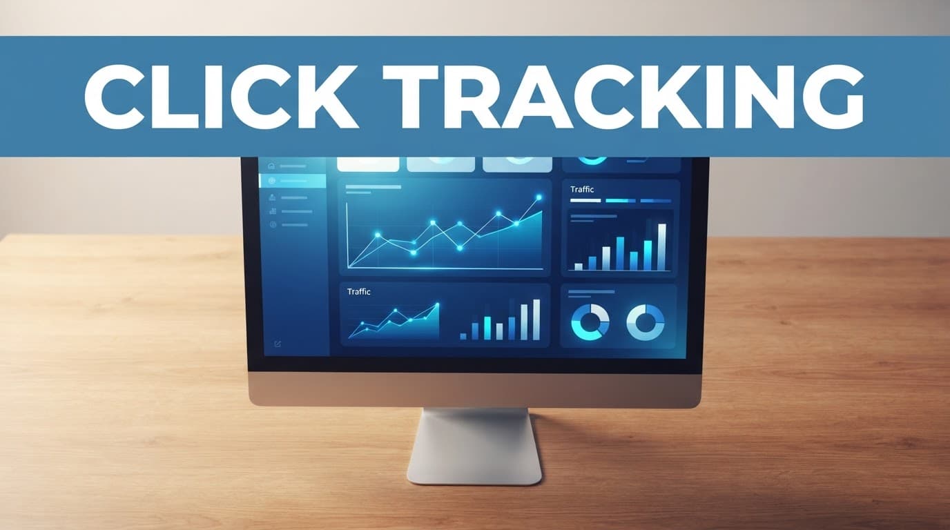 Blue Click Tracking banner above a monitor showing analytics graphs on a wooden desk.