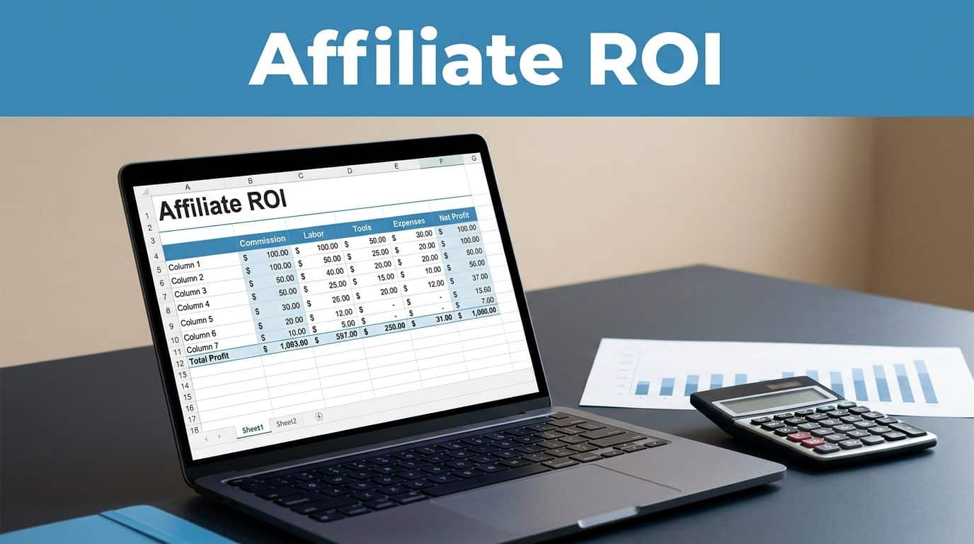 Laptop showing an affiliate blog ROI profit spreadsheet beside a calculator on a dark desk.