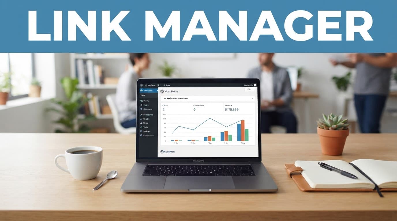 A blue Link Manager banner above a laptop, coffee, and notebook on a desk.