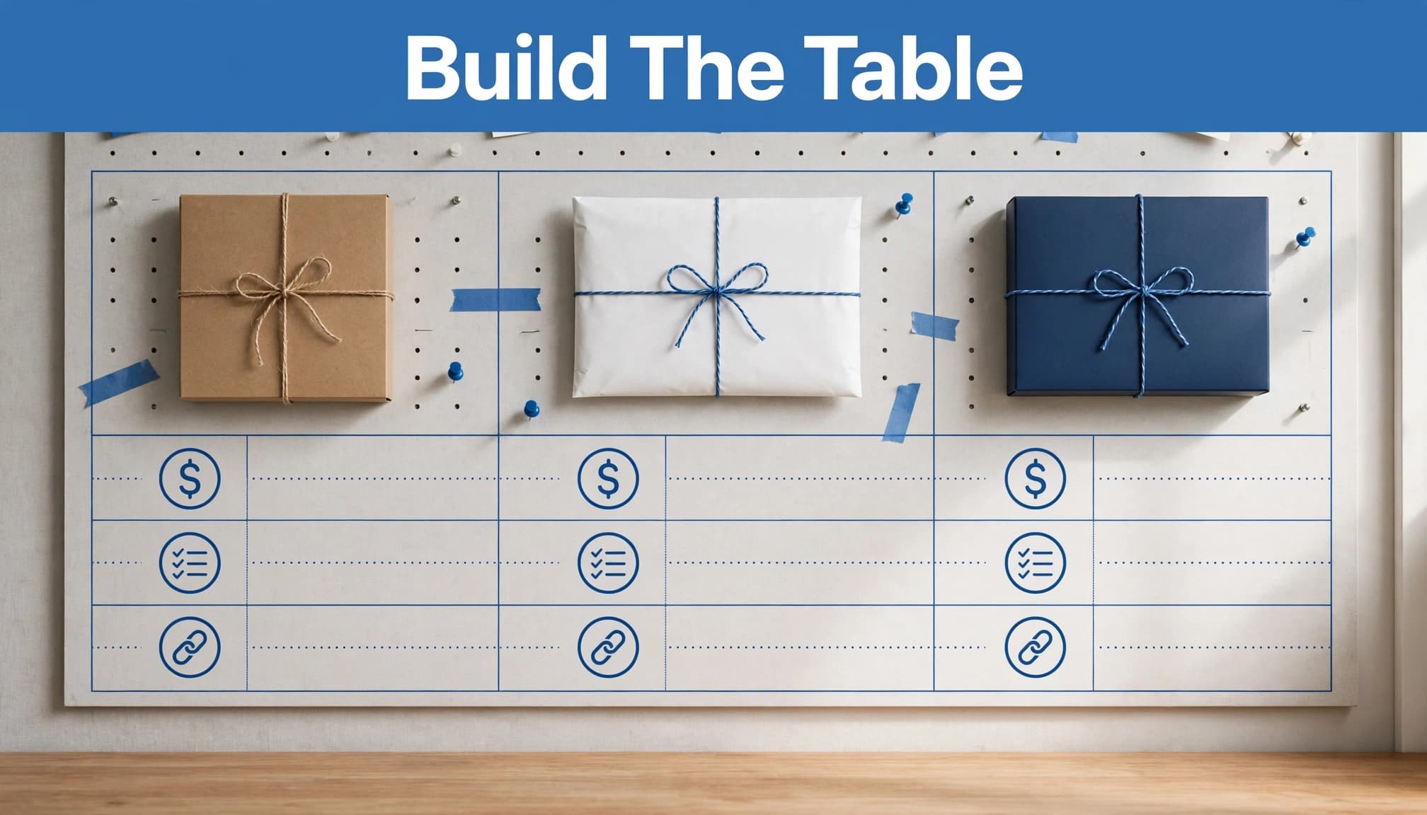 Three product packages arranged in columns on a comparison planning board.