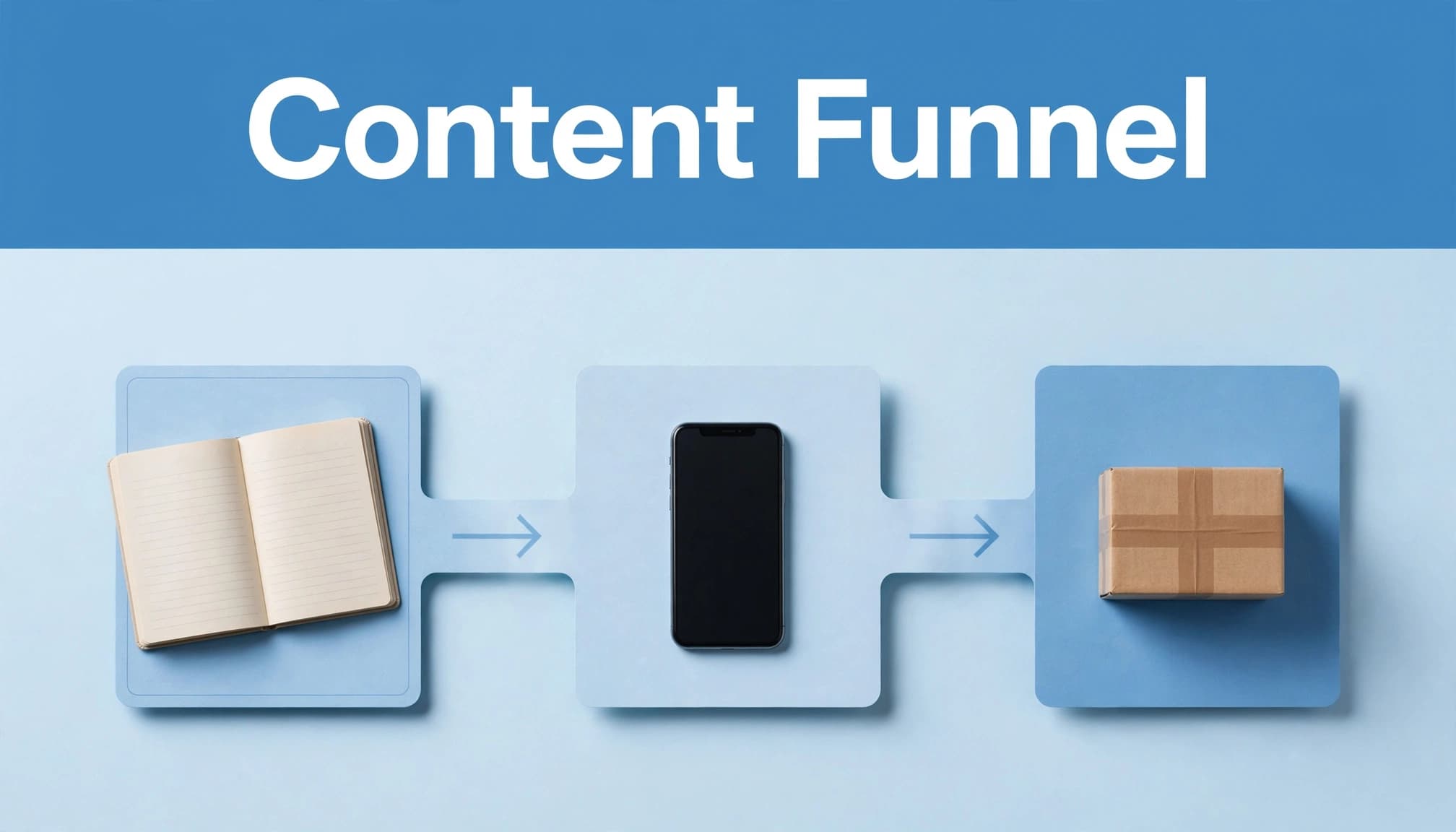 Three content cards lead from a notebook and phone toward a small parcel. Example of Affiliate Content Funnel.