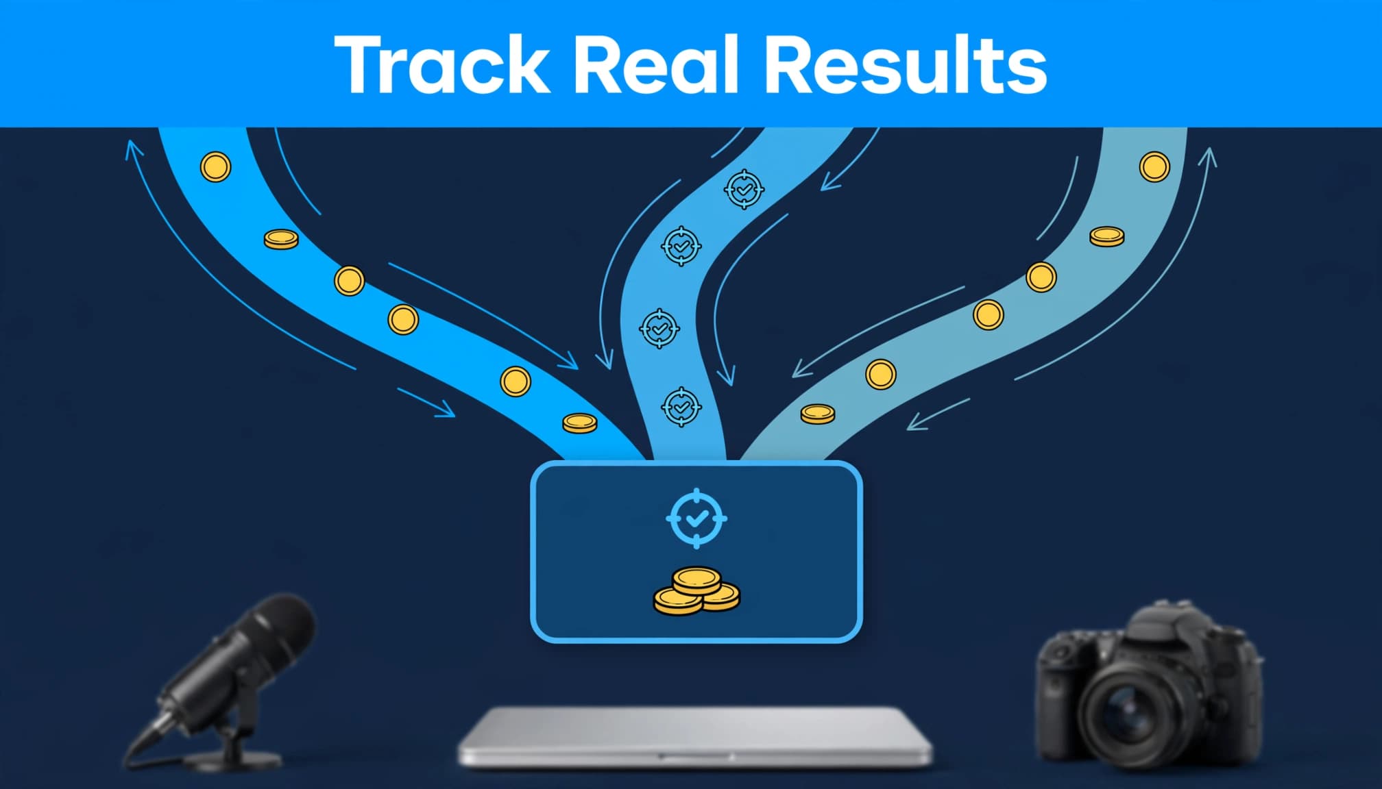 Three traffic paths lead toward an affiliate offer card with coins and conversion symbols. Track affiliate earnings per click.