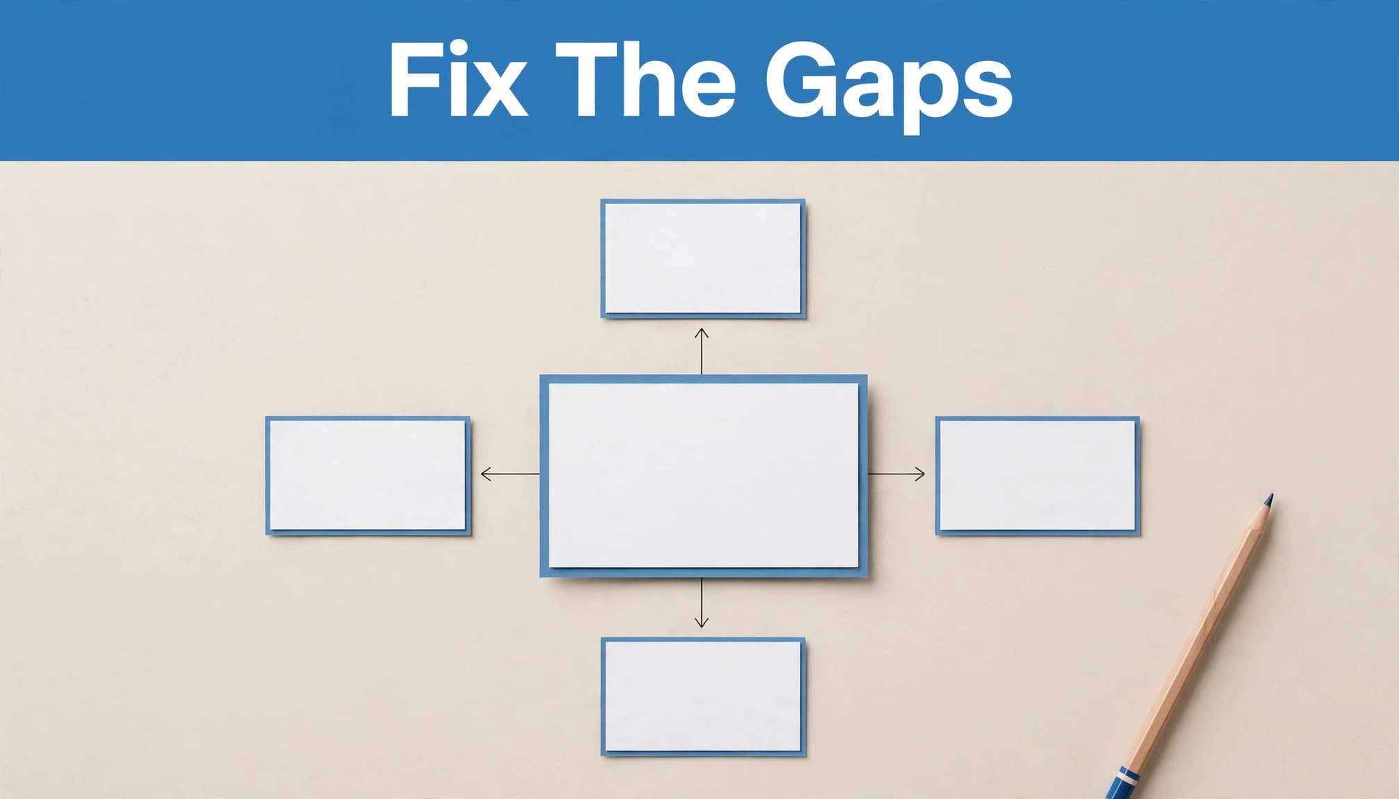 Paper topic cards connect to one central article card beneath a blue
