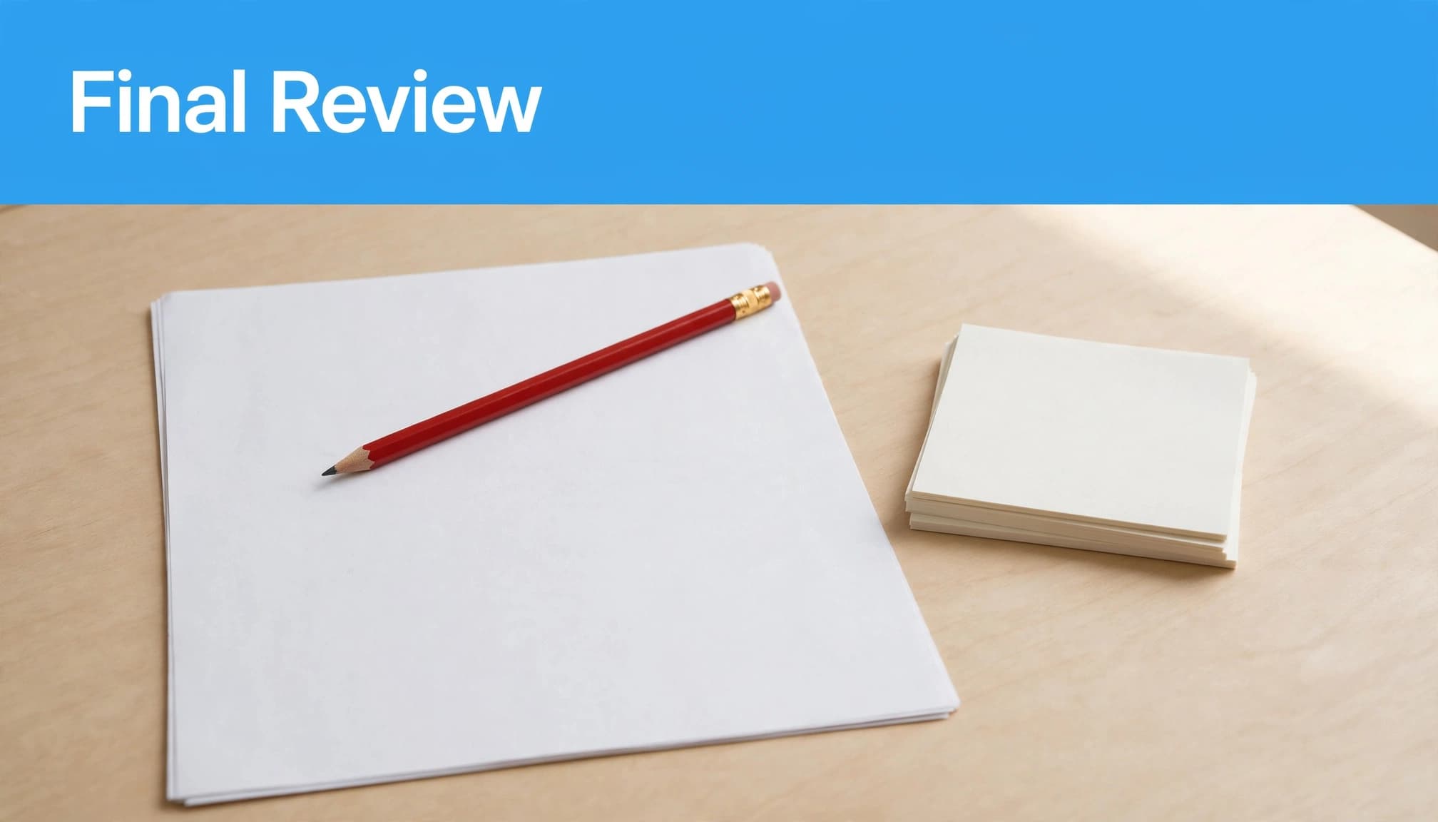 A blog draft, red pencil, and source notes on a table beneath a blue headline strip.