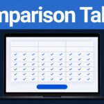 Laptop showing a product comparison table with prices, checkmarks, and a blue button.