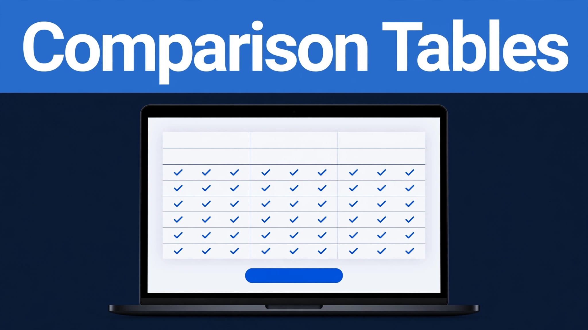 Laptop showing a product comparison table with prices, checkmarks, and a blue button.