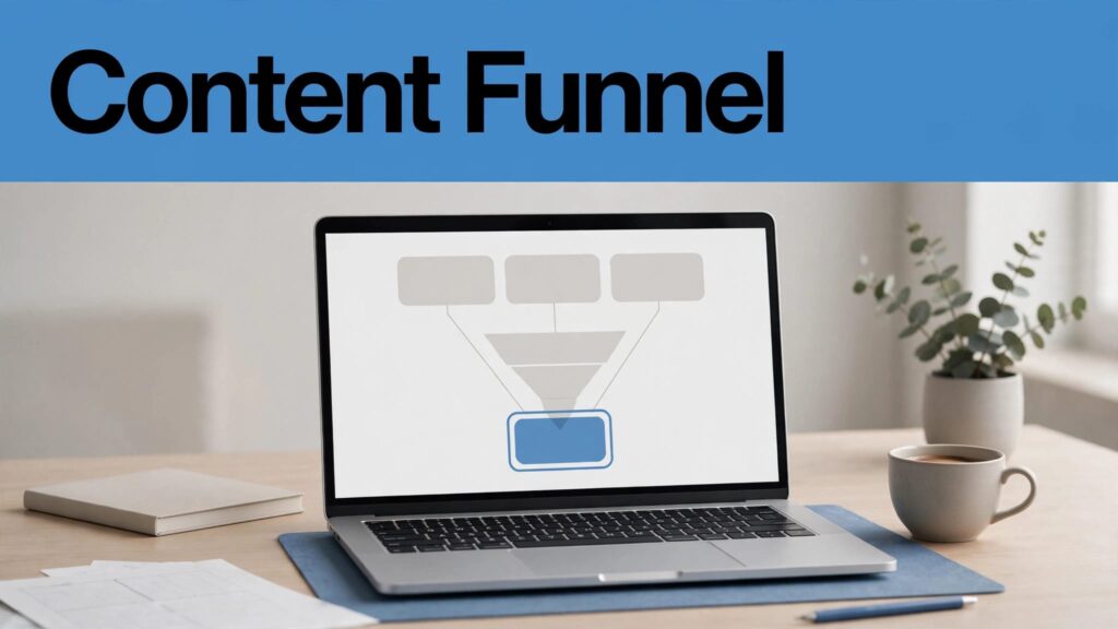 Laptop showing article cards flowing toward an affiliate recommendation beneath a blue Content Funnel banner.