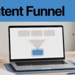 Laptop showing article cards flowing toward an affiliate recommendation beneath a blue Content Funnel banner.