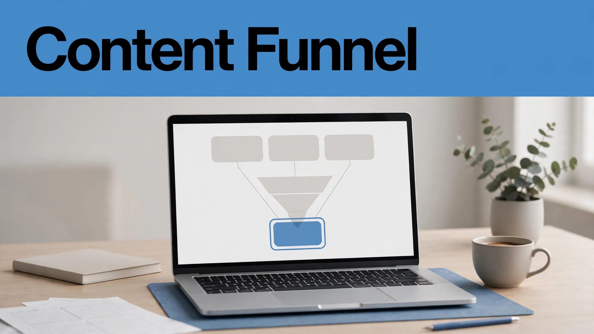 Laptop showing article cards flowing toward an affiliate recommendation beneath a blue Content Funnel banner.