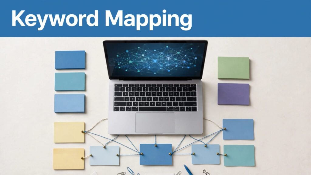 Laptop with a connected keyword map and organized color-coded cards on a desk.