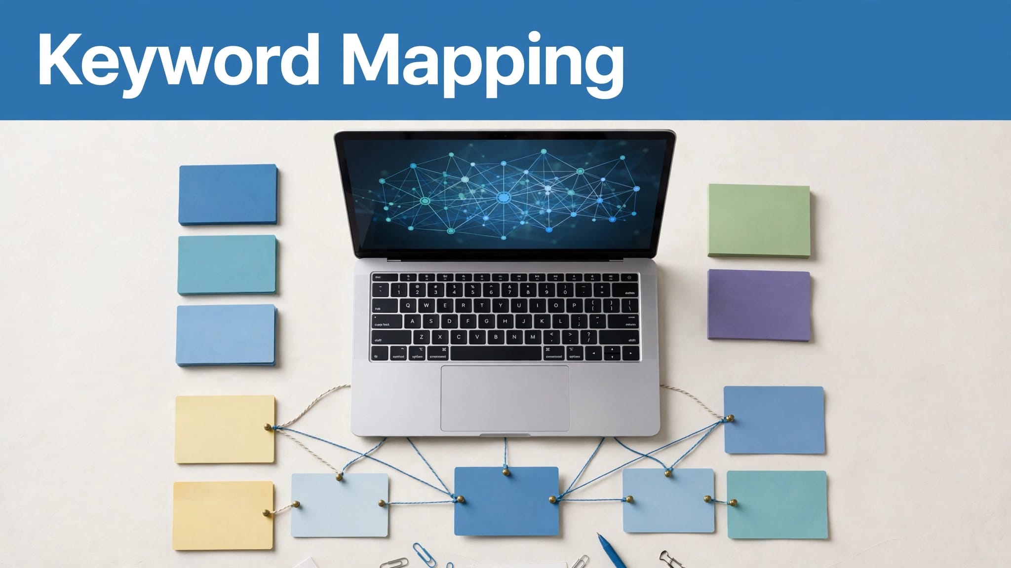 Laptop with a connected keyword map and organized color-coded cards on a desk.