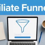 Laptop showing a funnel diagram and email form beneath an Affiliate Funnels header, with a notepad and coffee cup.