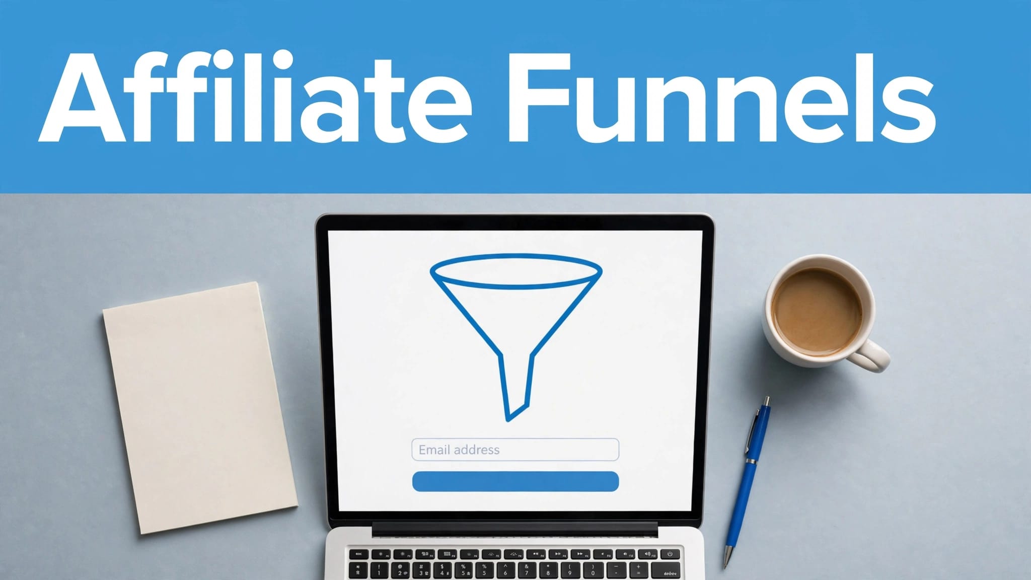 Laptop showing a funnel diagram and email form beneath an Affiliate Funnels header, with a notepad and coffee cup.