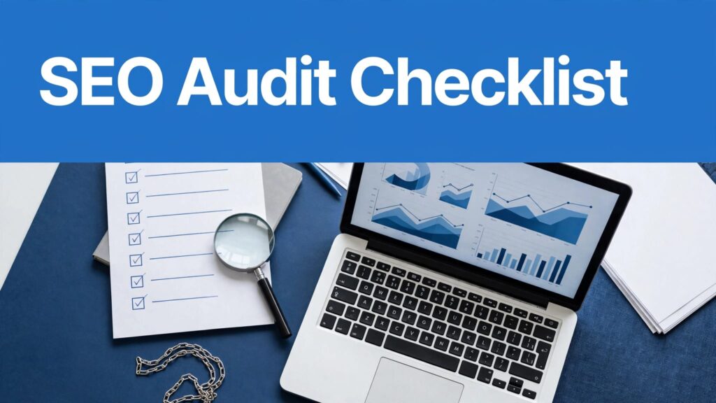 Laptop with analytics charts, a checked checklist, and magnifying glass beneath a blue SEO headline.