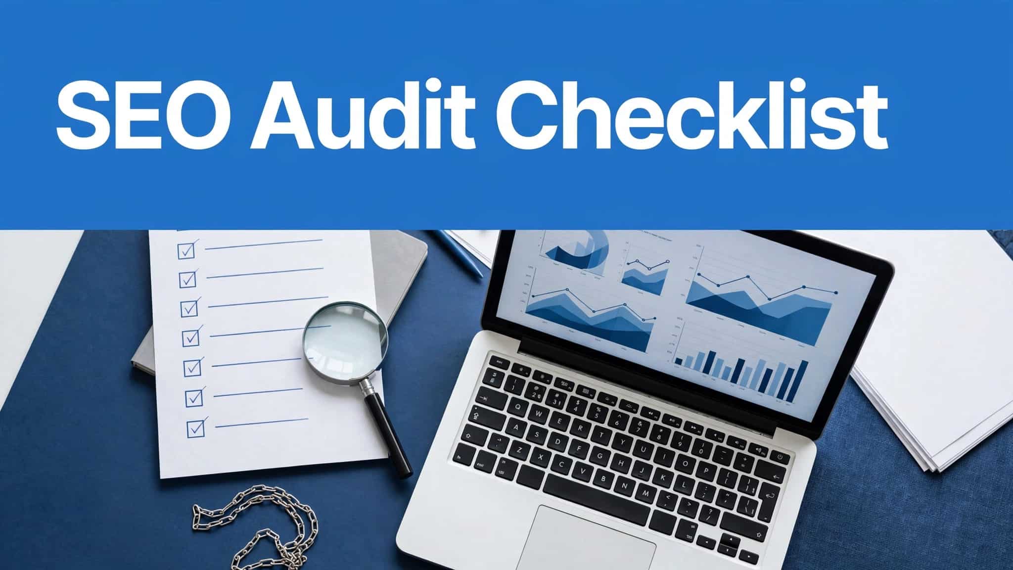 Laptop with analytics charts, a checked checklist, and magnifying glass beneath a blue SEO headline.