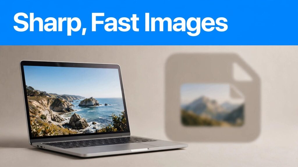 A laptop shows a sharp photo beside a blurred image-file icon.