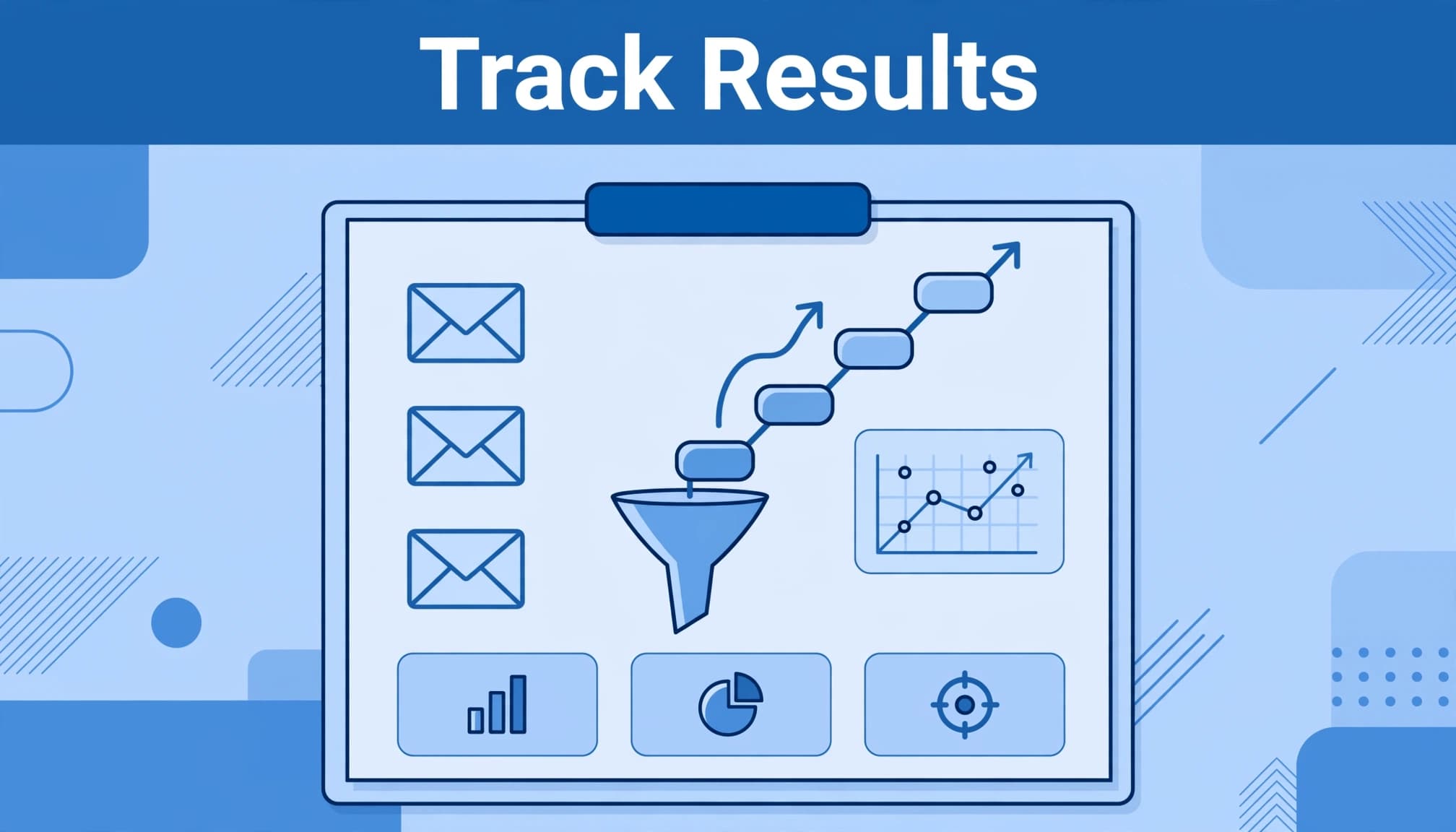 Blue funnel dashboard illustration with a clipboard, email symbols, rising path, and analytics graph.
