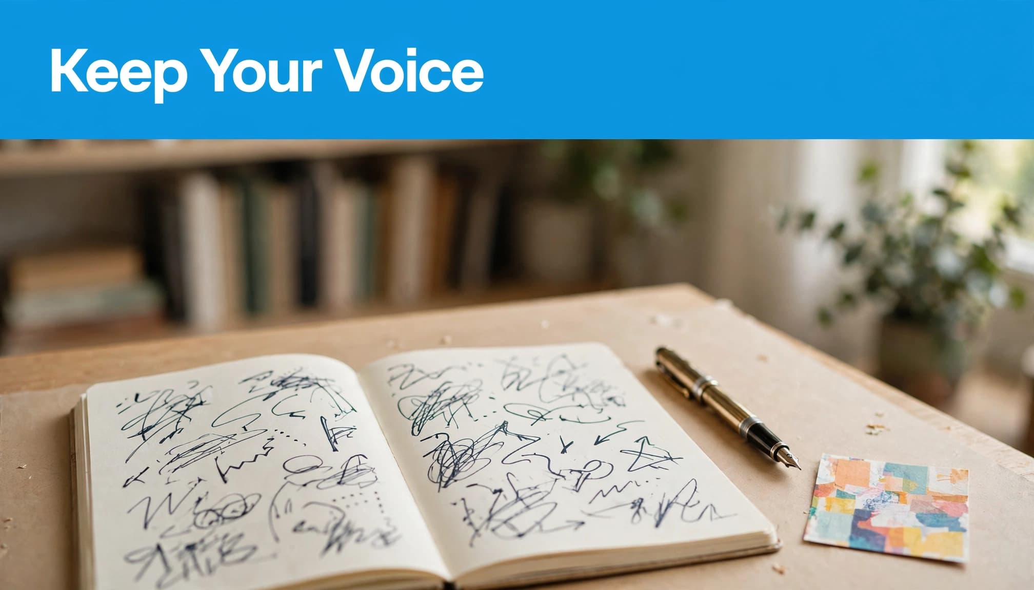 An open notebook, fountain pen, and colorful card beneath a blue headline strip.