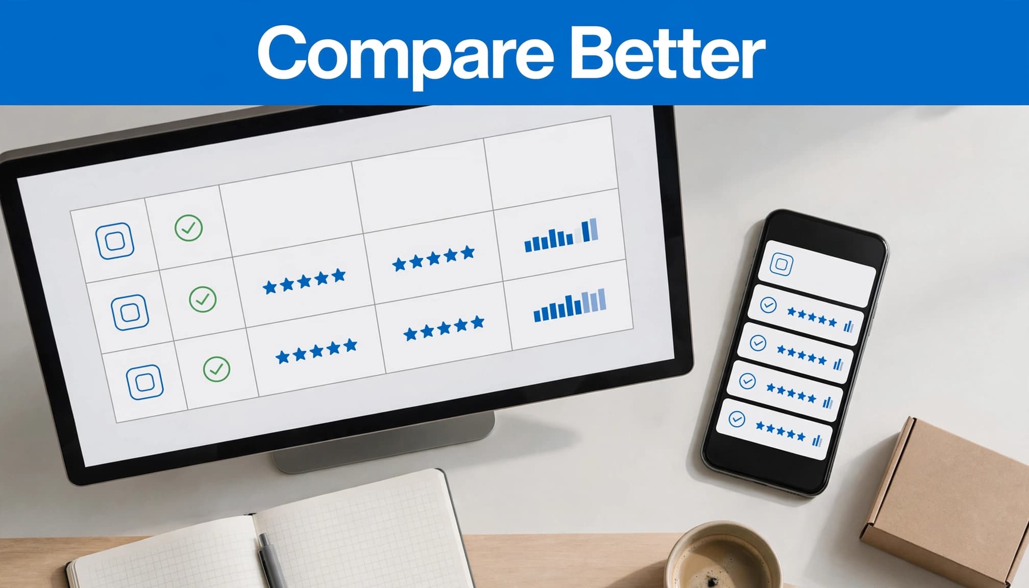 Monitor and phone show the same comparison table in desktop and stacked layouts.