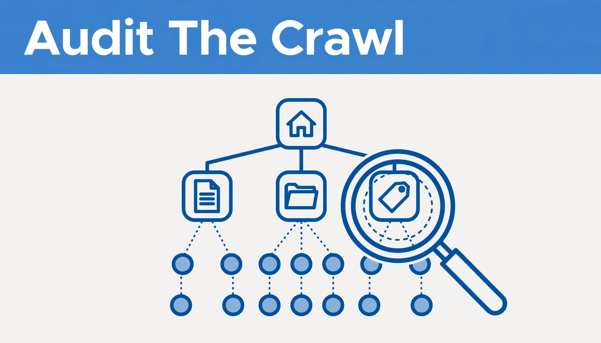 A blue site map shows connected blog pages, crawl paths, and a magnifying glass for an SEO Audit Checklist.