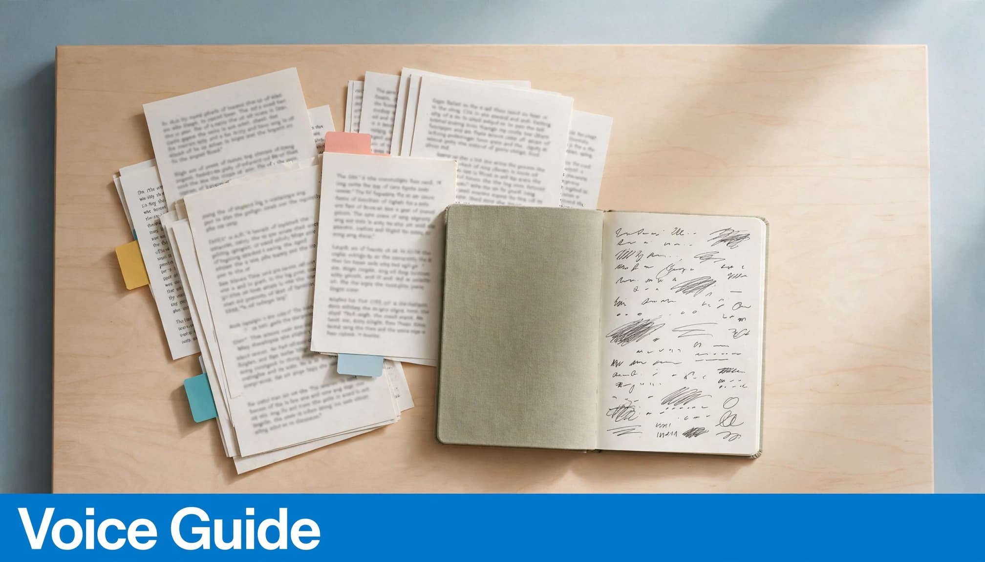 Printed notes, a small notebook, and colored tabs arranged on a pale wood table beneath a blue strip.